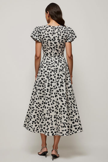 White Printed A Line Round Neck Midi Dress